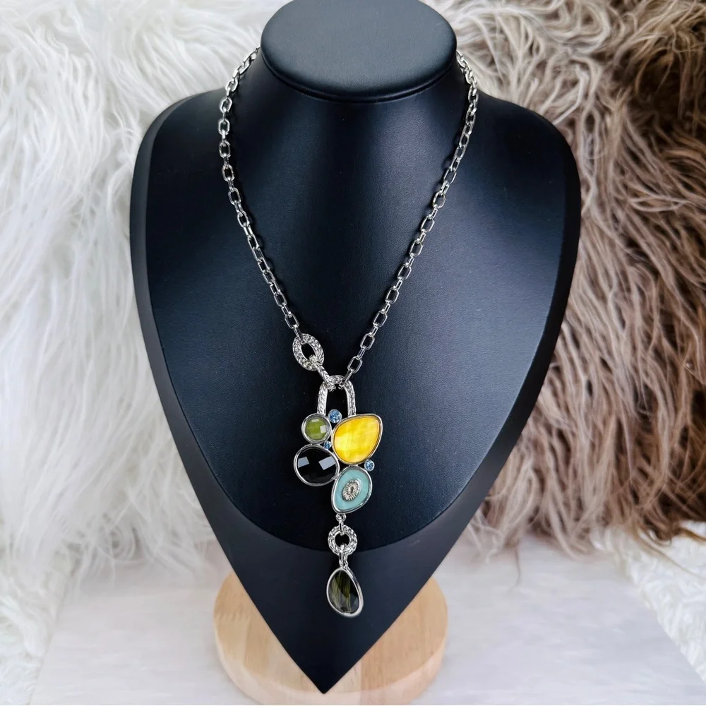 Elegant Silvertone Multi-Color Pendant Necklace